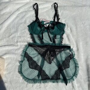 NEW Victoria's Secret Babydoll Lingerie Nightie Green Black Mesh Lace Maid M